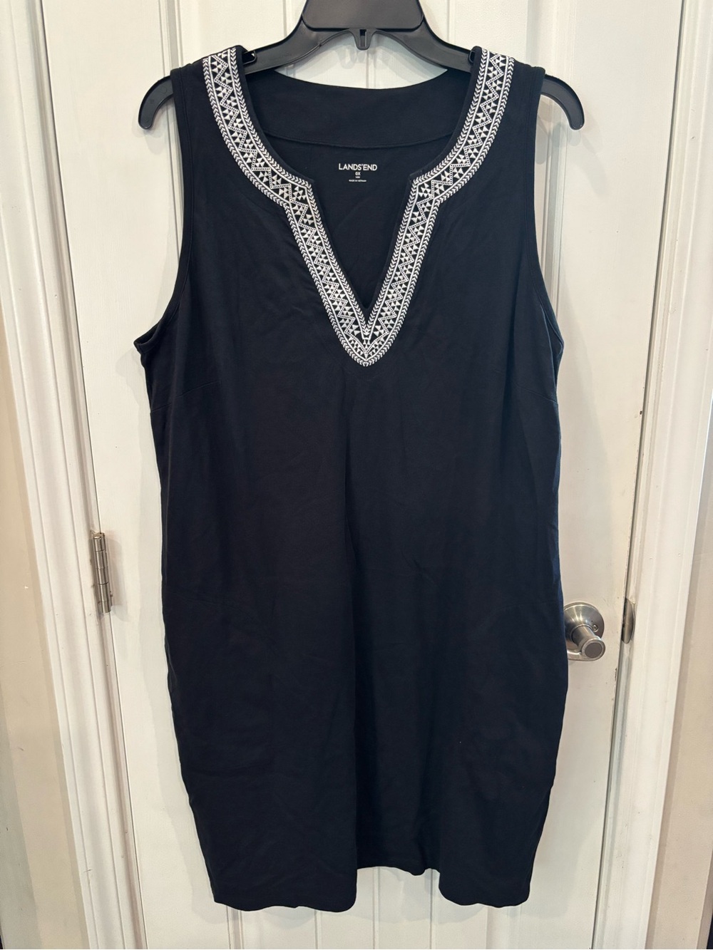 Lands' End Black Sleeveless V-Neck Dress with White Embroidered Trim